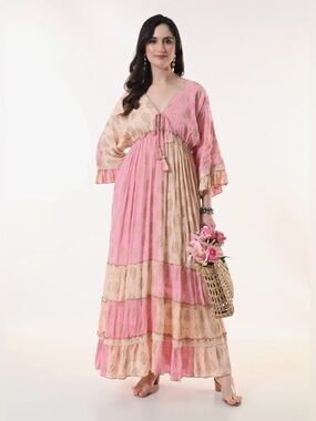 26413 Pink and Cream Tiered Boho Maxi Dress with V-Neck